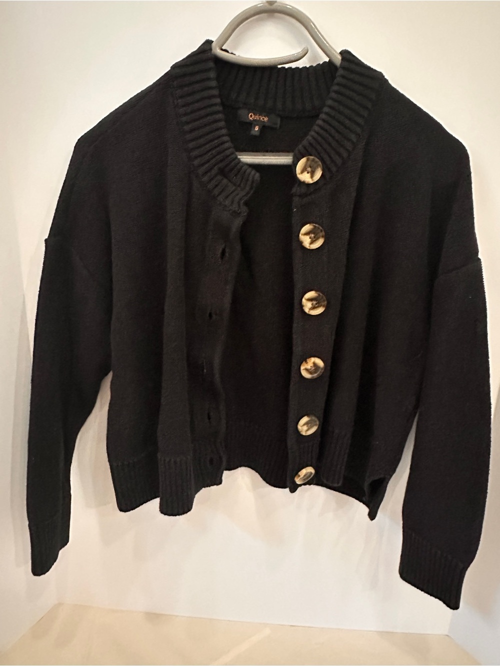 Quince Black Button-Front Ribbed Collar Cardigan